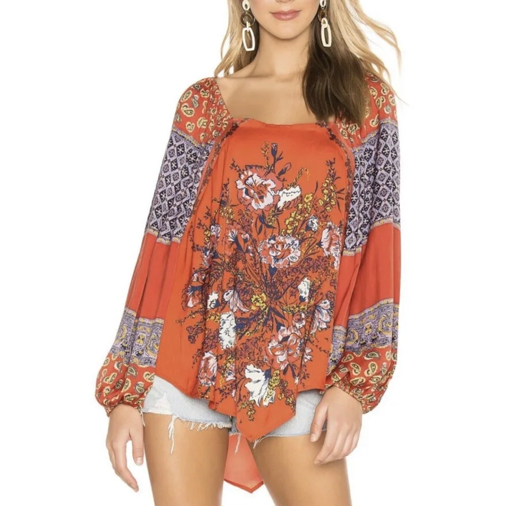Free People Positano Print Cherry Combo Peasant Floral Boho Blouse Size XS